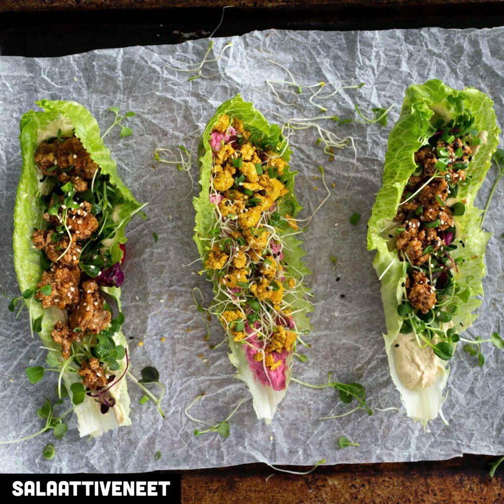 Kesäiset salaattiveneet tofutäytteellä.