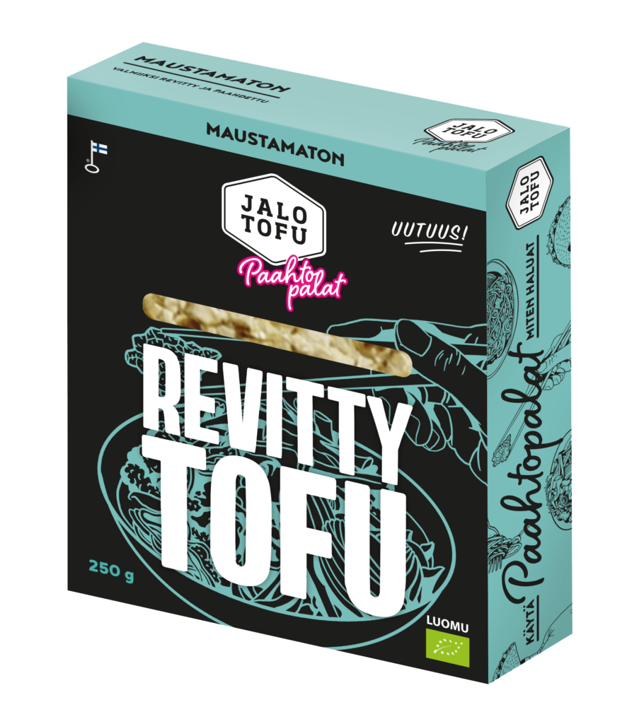 Revitty tofu pakkaus.