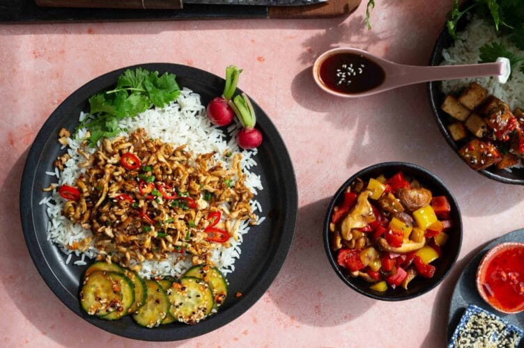 Tofu bulgogi eli rapeaksi paistettua ja korealaisittain masutettua tofua lautasella riisin kera.