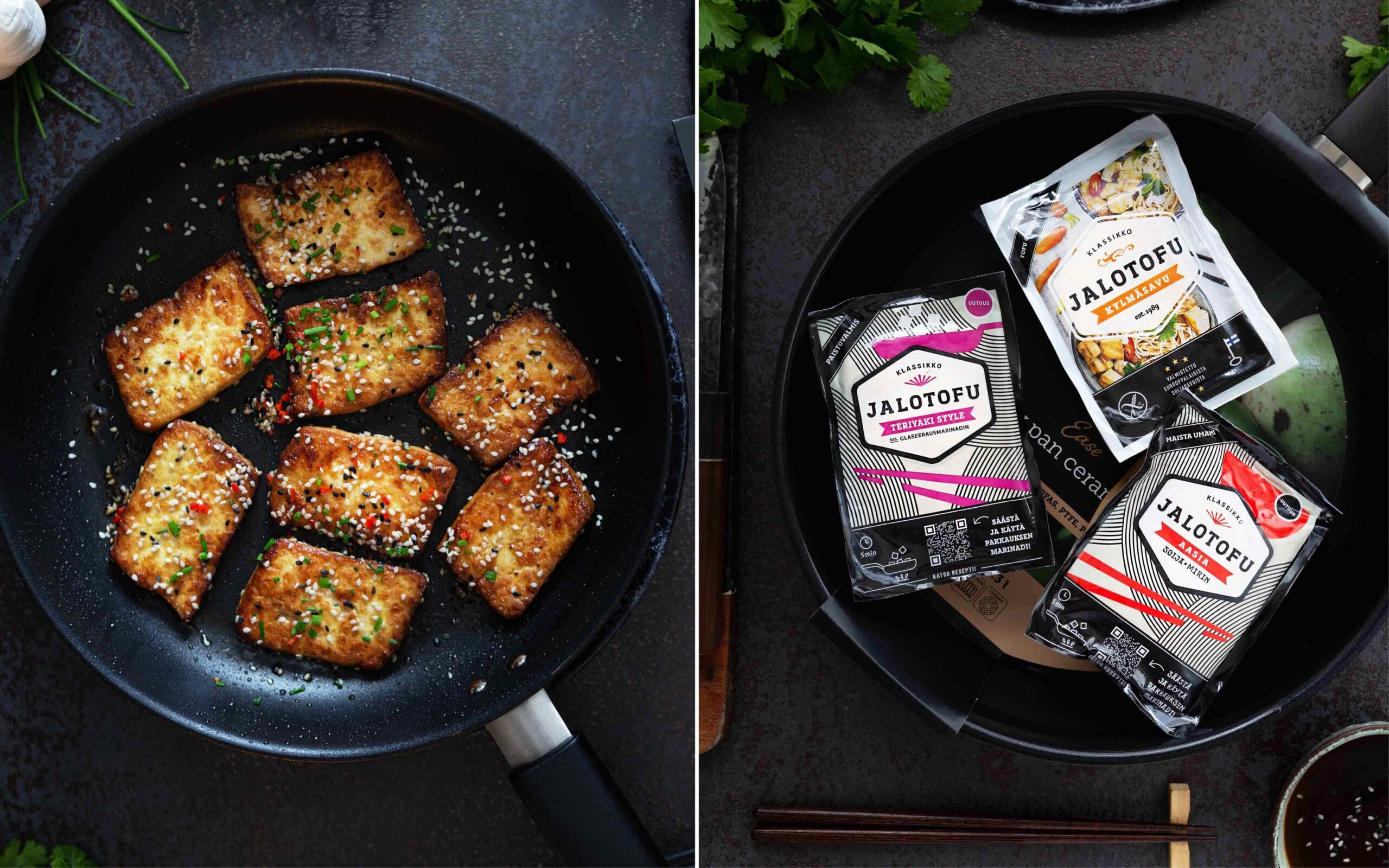 Valmiiksi marinoidut tofut pannulla rapeaksi paistettuna on arjen nopea makuratkaisu.