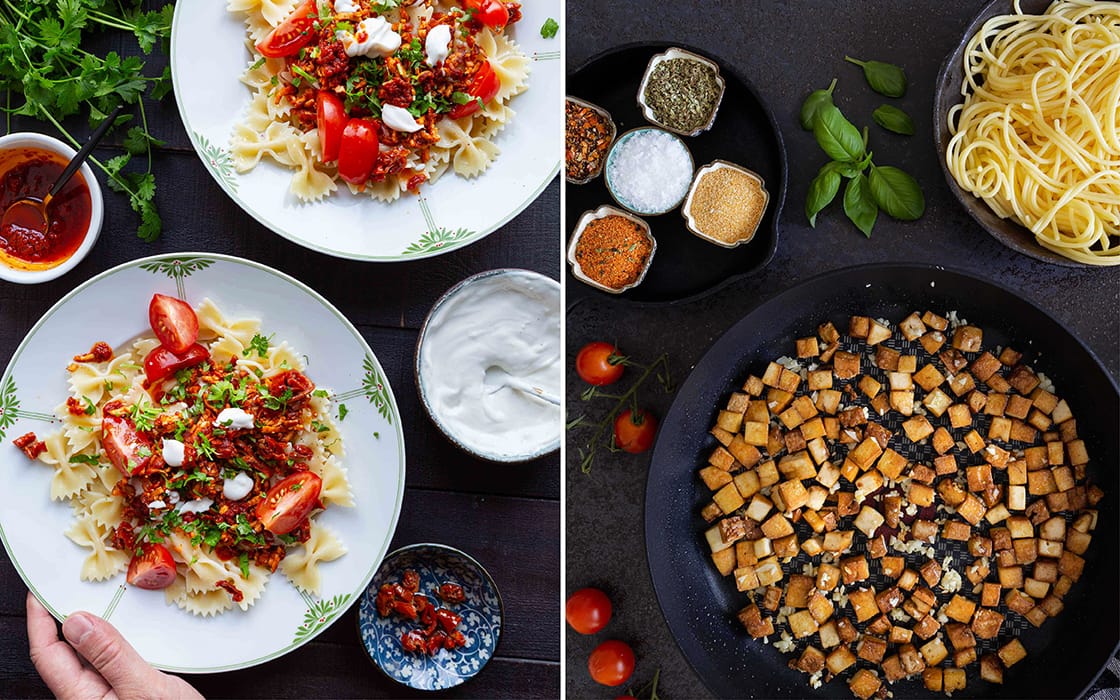 Turkkilainen pasta ja tofu Carbonara