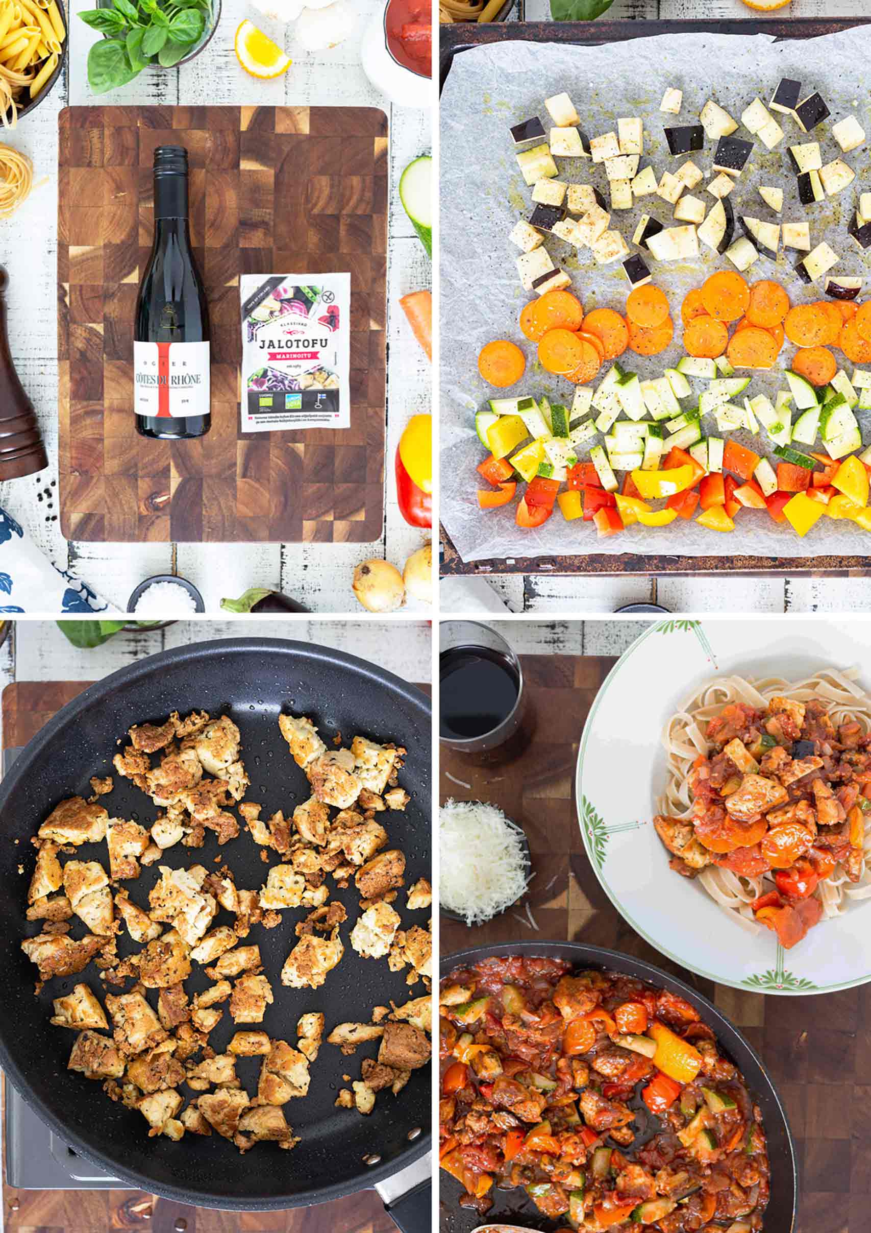 Tomaattinen tofupasta ratatouille tyyliin.