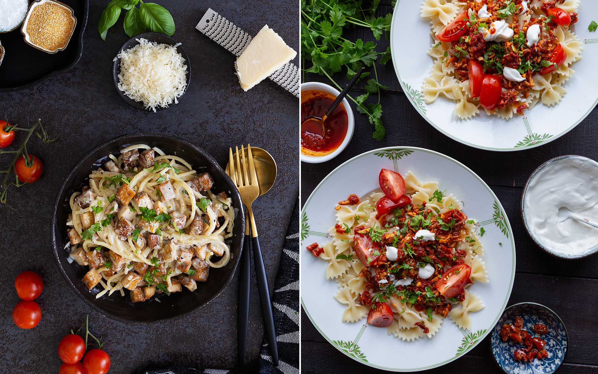 Pasta carbonara ja turkkilainen tofupasta lautasilla.