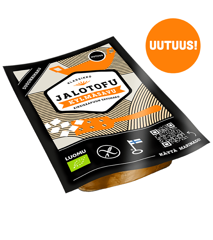Uusittu kylmäsavutofu-tuotepaketti.